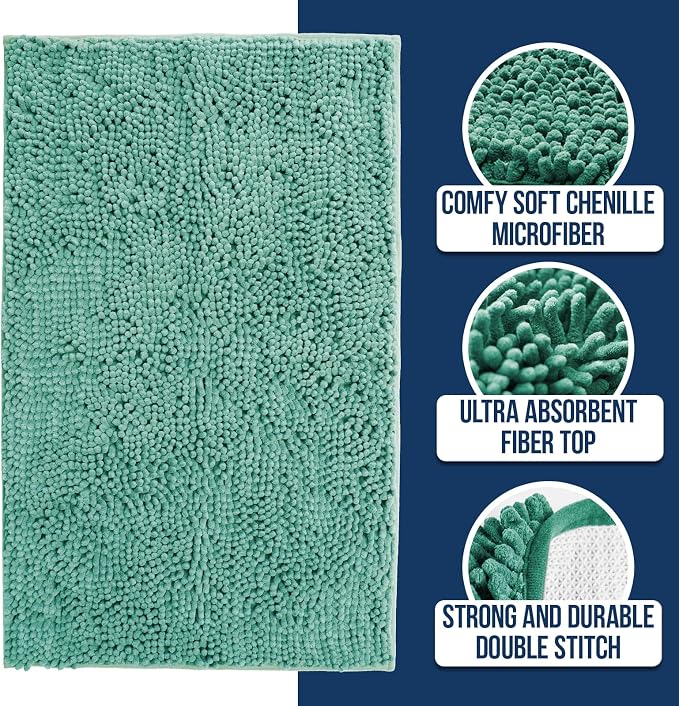 Muddy Mat® | Chenille Bathroom Rugs Quick Dry Microfiber Mats Non Slip Washable, Extra Thick, Soft and Highly Absorbent Bath Mats for Bathroom, Kitchen, and Shower Floor - Seafoam Green 35"x59"