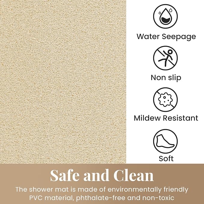 Shower Mat Bathtub Mat Non-Slip,32x24 inch, Soft Tub Mat with Drain,PVC Loofah Bath Mat (Phthalate Free) for Tub and Bathroom,Quick Drying,Khaki