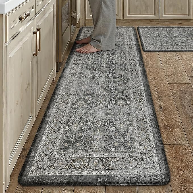 PureCozy Kitchen Mats 2PCS Anti Fatigue Cushioned Mat Black Vintage Kitchen Mats for Floor Waterproof Non Slip Comfort Standing Distressed Rug for Sink Laundry Office 17.3"x59"+17.3"x30"