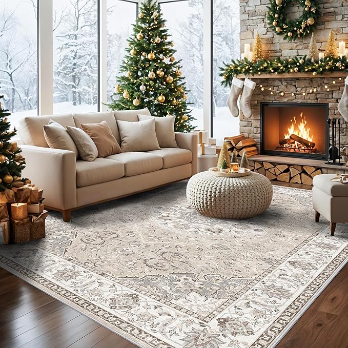 Living Room 8ft Square Area Rug: Machine Washable Large Vintage Soft Rug Stain Resistant Non Slip Floor Carpet for Bedroom Playroom Indoor Farmhouse Home Decor Mat for Office Dining Room(8x8,Beige)
