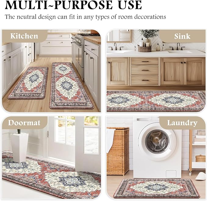 Boho Kitchen Mats for Floor 2 Piece Set Anti Fatigue Cushioned PVC Kitchen Rugs Non Slip Waterproof Farmhouse Mats 2/5 Inch Comfort Standing Mat for Sink, Laundry, 17.3"x47"+17.3"x28", Taupe Red