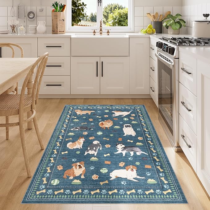 DUKINO 3x5 Area Rug, Lightweight Washable Entryway Rug with Non Slip & Low Pile, Soft Non Shedding Animal Dog Print Pattern Indoor Throw Carpet for Bedroom, Kitchen, Bathroom, Kids Room, Office, Blue