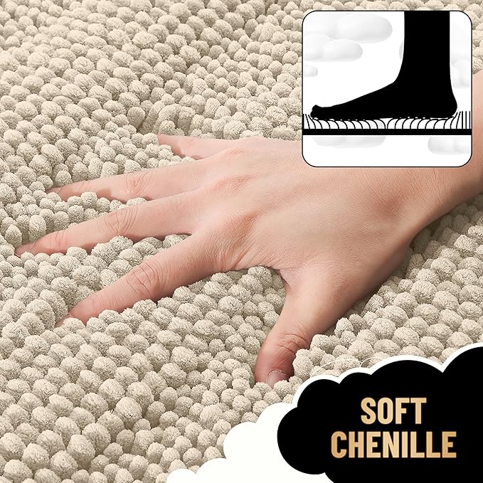 OLANLY Thick Toilet Rugs U-Shaped 24x20, Extra Soft Absorbent Chenille Striped Contour Bathroom Rugs for Toilet, Dry Quickly, Machine Washable, Non-Slip Bath Mat, Sand