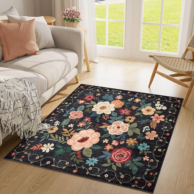 DUKINO 4x4 Square Area Rug, Floral Indoor Floor Washable Entryway Rug with Low Pile Design, Boho Non Slip Thin Doormat Carpet for Kitchen, Bedroom, Living Room, Office, Kids Playroom, Black