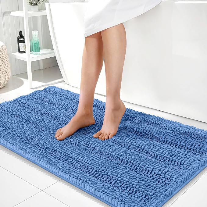 OLANLY Thick Bathroom Runner Rugs 44x24, Extra Absorbent Chenille Striped Bath Rugs, Rubber Backing, Machine Wash, Long Bath Mats for Bathroom, Tub and Shower, Home Decor Accessories, Cornflower Blue