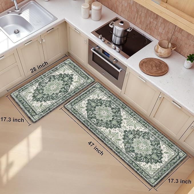 Boho Kitchen Mats for Floor 2 Piece Set Anti Fatigue Cushioned PVC Kitchen Rugs Non Slip Waterproof Farmhouse Mats 2/5 Inch Comfort Standing Mat for Sink, Laundry, Office, 17.3"x47"+17.3"x28", Green