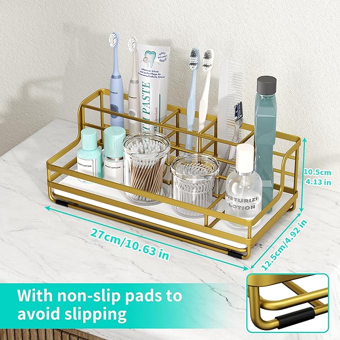 HapiRm Toothbrush Holders for Bathroom - 5 Partitions Bathroom Counter Organizer with Instant Drying Stone, Stainless Steel Countertop Storage Electric Toothbrush Toothpaste Holder - Gold