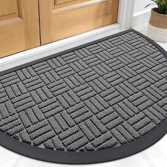 OLANLY Half Circle Door Mat Outside Entrance 29.5x17, Absorbent, Heavy Duty Sturdy Natural Rubber Doormat Indoor Outdoor, Fade Resistant, Non-Slip Backing Low Profile Floor Mat for Entryway, Grey