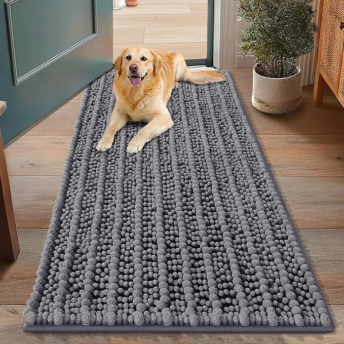 Smiry Dog Door Mat for Muddy Paws 48x30, Absorbent Dirt Trapper, Non-Slip Washable Chenille Entryway Rug for Inside Floor, Dark Grey, Layered Pattern