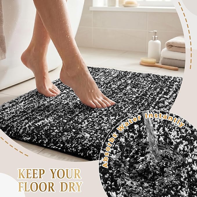 Yimobra Black and White Bathroom Rugs, Luxury Fluffy Bath Mats, Non Slip, Water Absorbent Microfiber, Machine Washable, Plush Runner Carpet Shower Rugs, Thick Matts for Bathroom Floor&Tub, 44" X 24"
