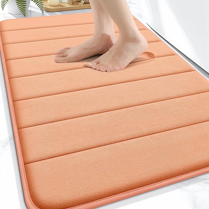 OLANLY Memory Foam Bath Mat 30x20, Super Soft Absorbent Bathroom Rugs, Quick Dry, Machine Washable Shower Floor Rugs, Bathmat Carpet, Bathroom Home Decor Accessories, Peach
