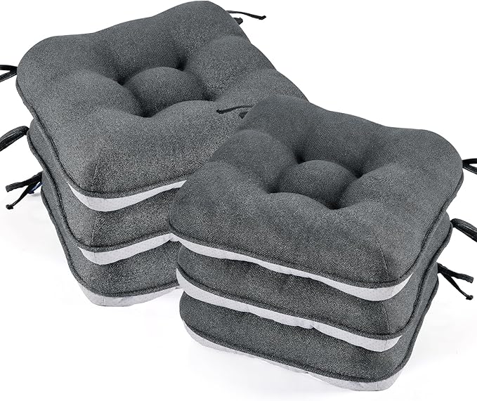 BETU Chair Cushions for Dining Chairs Set of 6,3.5" Thick Kitchen Table Chair Pads with Ties,Non Slip Backing and Covers, Seat Cushion for Dining Room,Bar,Patio Chairs,15.5"X15.5"X3.5",Dark Grey