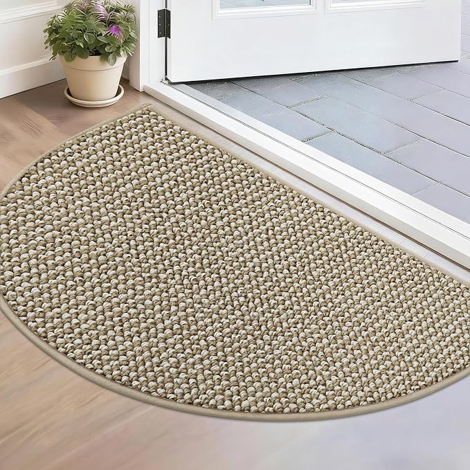 BEQHAUSE Dirt Trapper Door Mat 17" x 30" Half Circle Non-Slip Washable Doormats Entrance Rugs Absorbent Welcome Low Profile Floor Mats for Front Back Door and Entryway, Light Beige