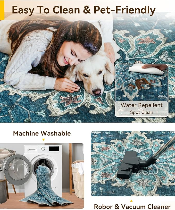 RELEANY Area Rugs 4'x5' Washable Non-Slip, Floral Vintage Distress Medallion Carpet for Living Room Bedroom Dining Room, Teal Green Lake Blue Turquoise