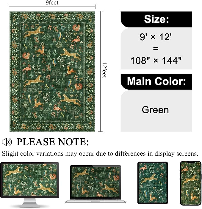 DUKINO 9x12 Rug, Washable Animal Living Room Rug with Non Slip Vintage Design, Soft Low Pile Large Carpet for Bedroom, Nursery, Dining Room, Farmhouse, Playroom, Green