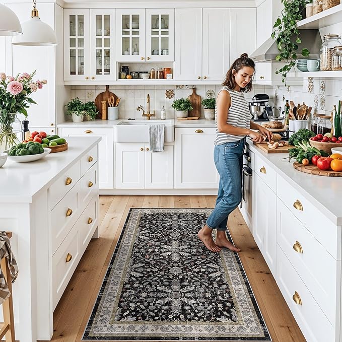 3x6 Kitchen Runner Rug Non Slip Washable - Soft Low Pile Stain-Resistant Wide Carpet Runner for Hallway Entryway Bedroom Bathroom with Rubber Backing - Boho Floral Door Mat(Black,3x6)