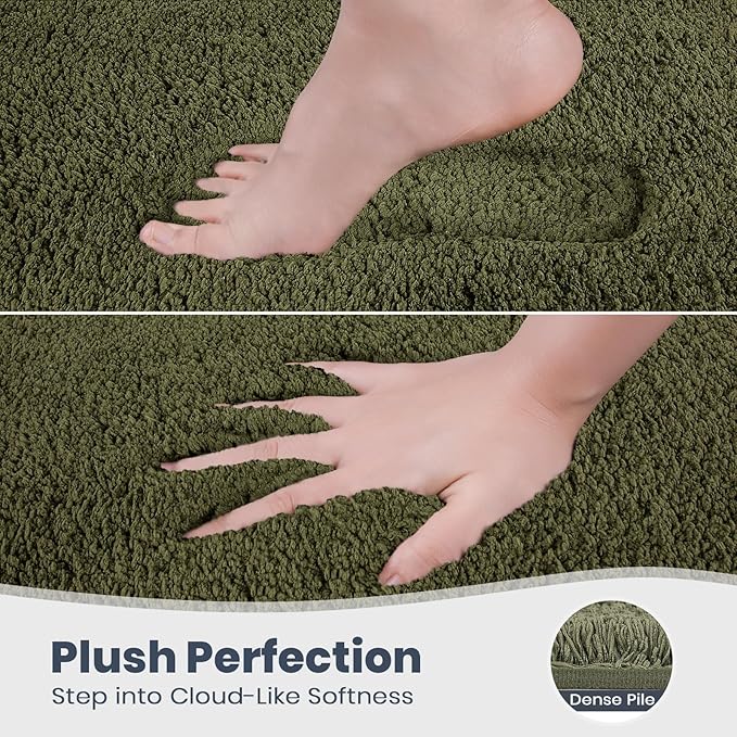 PURRUGS Bathroom Rug Non-Slip Machine Washable 20" x 24" U-Shaped, Super Absorbent and Quick Dry Shaggy Microfiber Bath Mat, Extra Soft and Plush Contour Rug for Toilet Base, Olive Green
