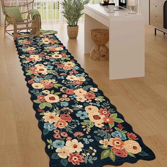 DUKINO 2.6x10 Runner Rug for Hallway, Lightweight Washable Floral Kitchen Rug with Non Shedding, Soft Low Pile & Non Slip Backing Boho Runner for Entryway, Bathroom, Laundry, Bedroom, Navy Blue
