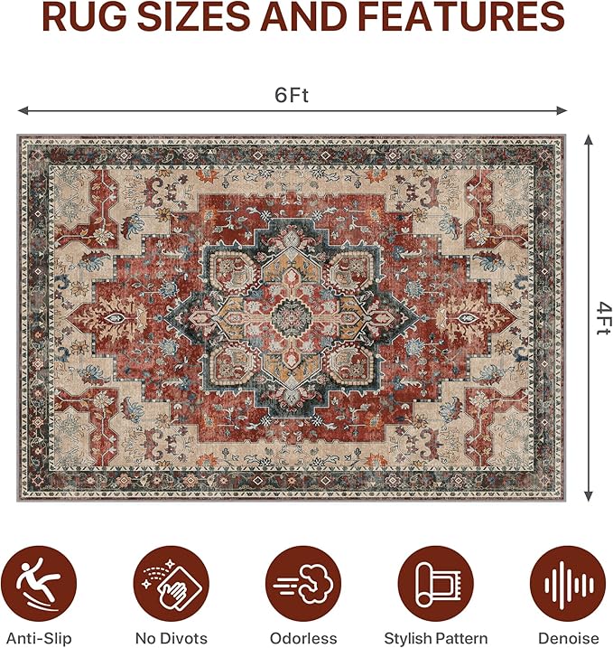 48"x72" Office Chair Mat for Hardwood Tile Floor, Under Desk Carpet Protector for Rolling Computer Chair Mat, Machine Washable Area Rug, Anti-Slip 1/5" Thick Low Pile Thin Vinyl Floor Mat, Annatto