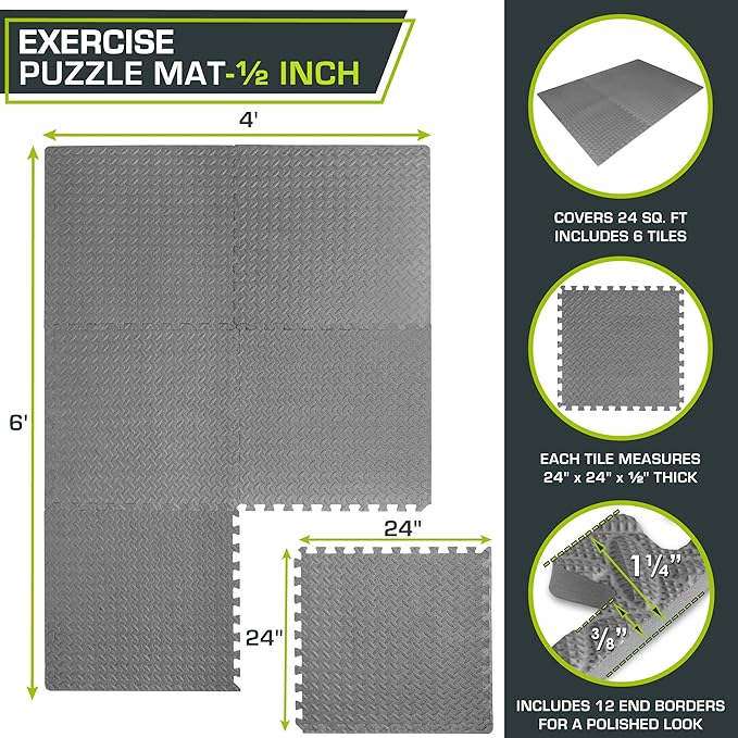 ProsourceFit Exercise Puzzle Mat ½-inch, EVA Interlocking Foam Floor Tiles for Home Gym, Workout Equipment, Kids Play Areas, Grey, 24 SQ FT - 6 Tiles