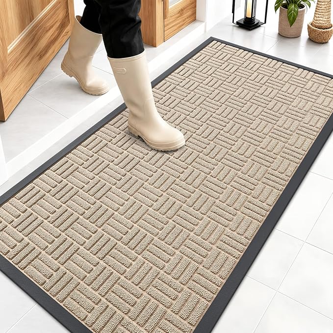 OLANLY Front Door Mat Outside Entrance 47x23, Absorbent, Heavy Duty Sturdy Natural Rubber Doormat Indoor Outdoor, Non-Slip, Stain and Fade Resistant, Low Profile Floor Mat for Entryway, Latte White