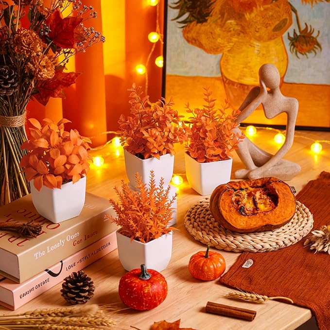 Der Rose 4 Pack Fall Fake Plants Mini Artificial Greenery Potted Plants Fall Decorations for Home Decor Indoor Office Table Room Farmhouse Bathroom Fall Decor