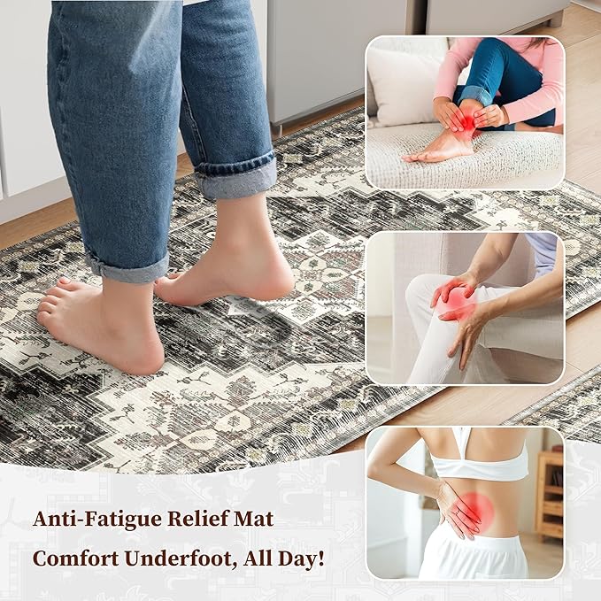 Boho Kitchen Mats for Floor 2 Piece Set Anti Fatigue Cushioned PVC Kitchen Rugs Non Slip Waterproof Farmhouse Mats 2/5 Inch Comfort Standing Mat for Laundry, 17.3"x47"+17.3"x28", Black Brown Grey