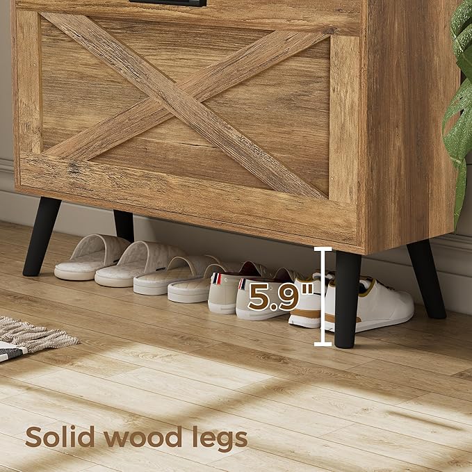 Homleke 32" W Farmhouse Shoe Storage Cabinet with 2 Flip Drawers and Barn Door Design, Adjustable Shelves, Hidden Slim Narrow Shoe Rack Cabinet for Entryway, Foyer, Hallway, Living Room, Rustic Walnut