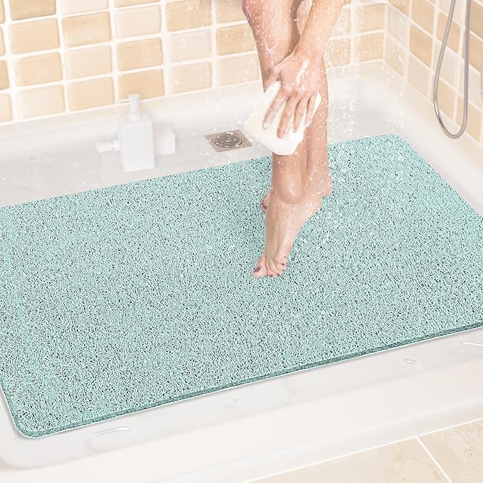 LuxStep Shower Mat Bathtub Mat,24x36 inch, Non-Slip Bath Mat with Drain, Quick Drying PVC Loofah Bathmat for Tub,Shower,Bathroom,Green