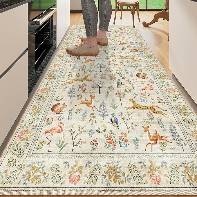 DUKINO 3x6 Washable Runner Rug, Low Pile Animal Print Non Slip Runner Rug for Kitchen, Lightweight & Non Shedding Indoor Carpet for Hallway, Kitchen, Entryway, Bathroom, Laundry, Beige
