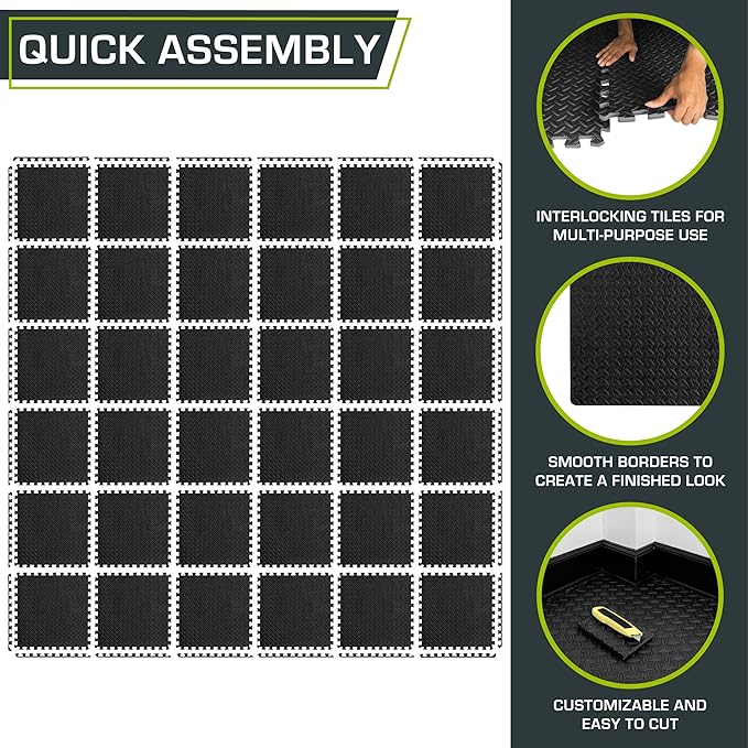 ProsourceFit Exercise Puzzle Mat ½-inch, EVA Interlocking Foam Floor Tiles for Home Gym, Workout Equipment, Kids Play Areas, Black, 144 SQ FT - 36 Tiles