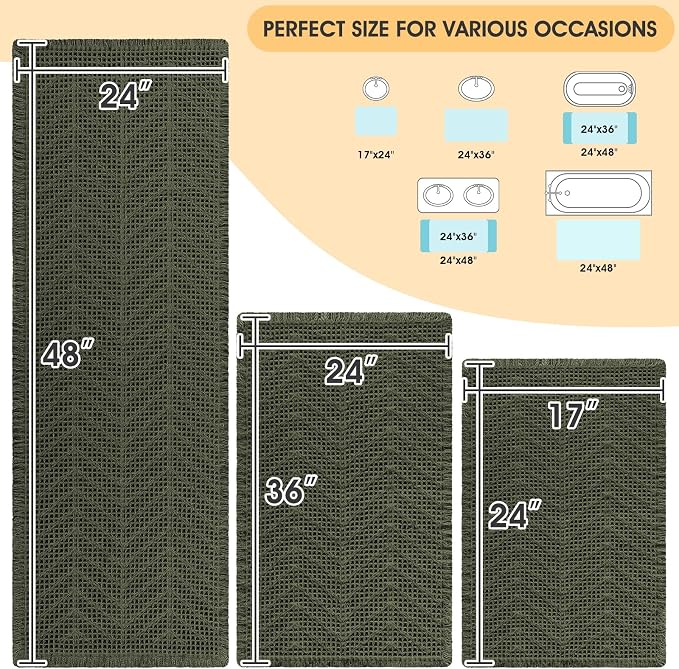 IM HOME Waffle Bath Mat Set 3 Piece, Boho Woven Modern Bath Rug Absorbent Non Slip, Soft Bathroom Mats, Machine Washable Knit Bath Rugs with Herringbones for Bathroom, Bedroom, Kitchen, Dark Green