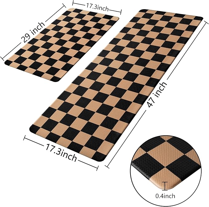 Black Brown Checkered Grid Checkerboard Kitchen Rug Sets [2 PCs], Anti-Fatigue, Waterproof Non-Slip Kitchen Mats Heavy Duty Comfort Foam Rug for Kitchen, Floor, Home, Laundry,17"x29"+17"x47"