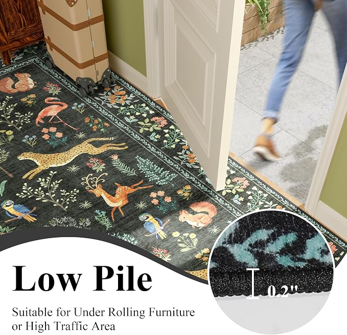 DUKINO 2x12 Washable Runner Rug, Ultra Soft Vintage Animal Runner Rug for Hallway, Lightweight Non Slip & Non Shedding Indoor Long Carpet for Kitchen, Laundry Room, Bathroom, Bedroom, Entrance, Black