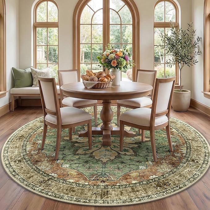 RELEANY Area Rugs Round 7ft Washable Non-Slip, Floral Vintage Distress Medallion Carpet for Living Room Bedroom Dining Room, Terracotta Burnt Orange Green