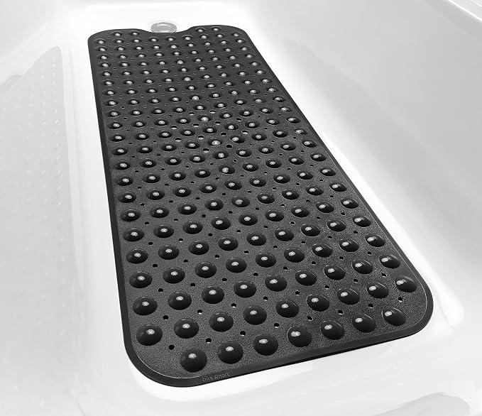 Extra-Long Non-Slip Bathtub & Shower Mat 39”x16” (Smooth/Non-Textured Tubs Only) Safe, Clean, Machine-Washable, Superior Grip&Drainage, Vinyl, Opaque Black