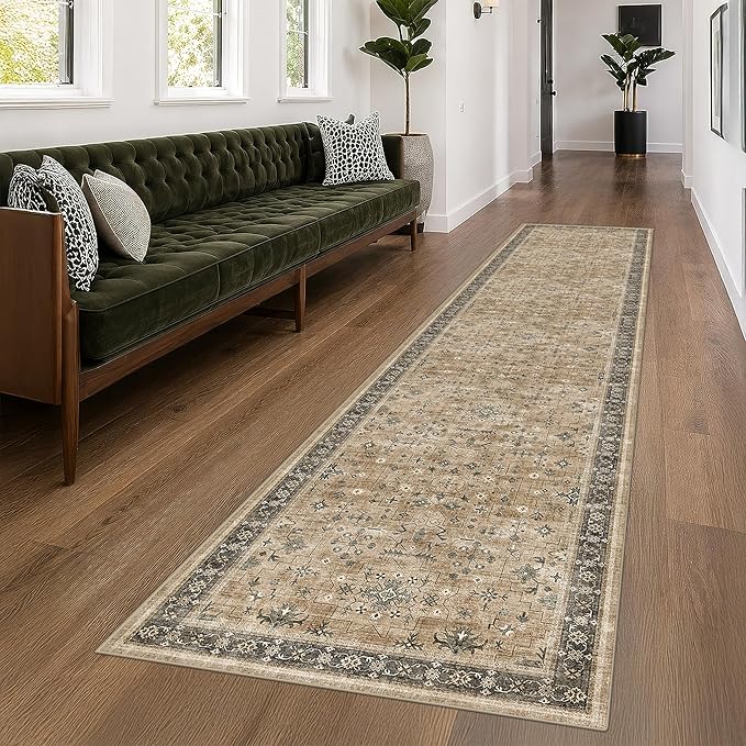 Boho Washable 10ft Long Runners for Hallways, Earthy Sage Taupe 2'6"x10' Wide Kitchen Runner Rug, Vintage Entryway Indoor Rug, Non-Slip Stain Resistant Low Pile Throw Rug