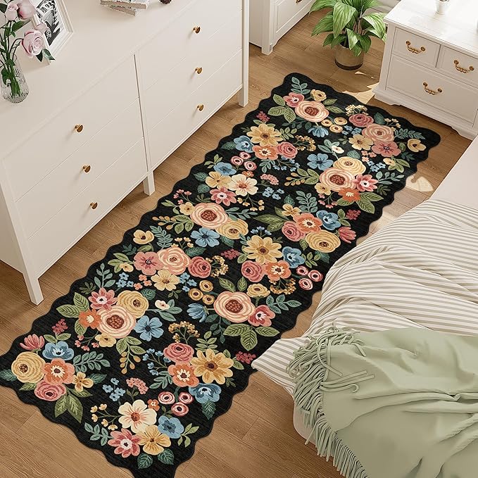 DUKINO 2x10 Runner Rug for Hallway, Washable Kitchen Rug with Non Slip Backing & Non-Shediing, Soft Low Pile Floral Design Runner for Bedroom, Kithchen, Living Room, Laundry, Bathroom, Black