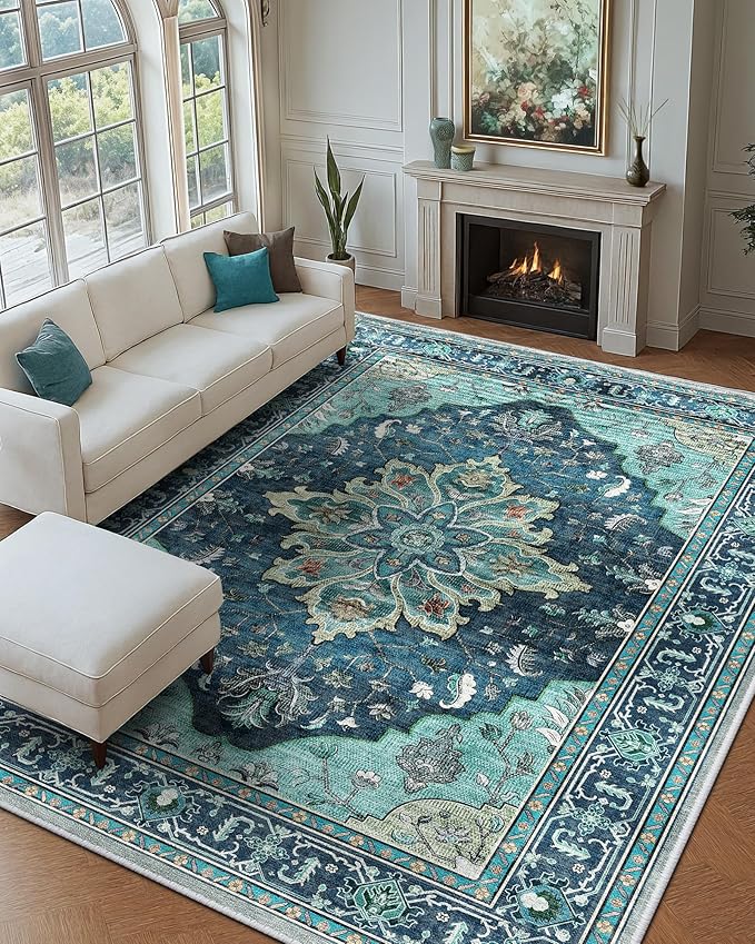 RELEANY Area Rugs Large 9'x12' Washable Non-Slip, Floral Vintage Distress Medallion Carpet for Living Room Bedroom Dining Room, Teal Green Lake Blue Turquoise