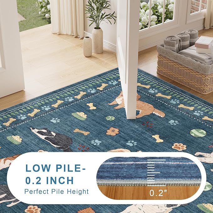 DUKINO 8x10 Area Rug, Non Slip Washable Animal Dog Rug for Living Room, Stain Resistant & Low Pile Indoor Floor Large Carpet for Bedroom, Farmhouse, Nursery, Dining Room, Kids Playroom, Blue