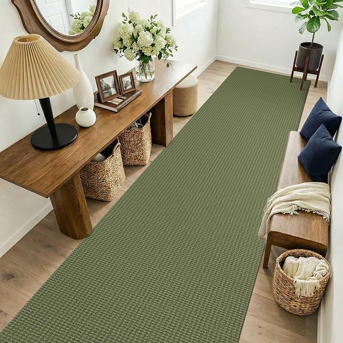 KOZYFLY 3x14 Runners Rugs for Hallway, Long Washable Runner Rug, Non Slip Rubber Backed Kitchen Runner, Flatweave Entryway Rug, Floor Carpet for Entry, Aisle, Hall, Olive Green/Earthy Green