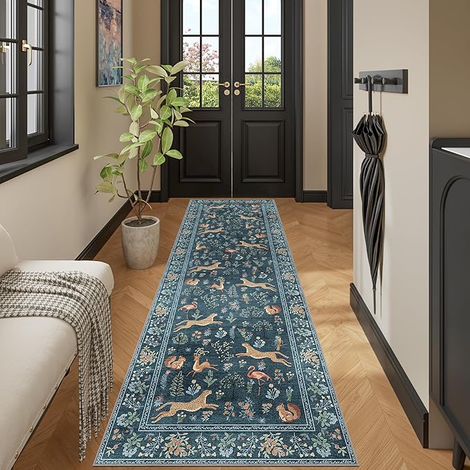 DUKINO 2x10 Rug for Hallway, Washable Kitchen Runner Rug with Non Slip Backing, Soft Low Pile Vintage Animal Runner for Bedroom, Kitchen, Hallway, Entryway, Laundry, Blue