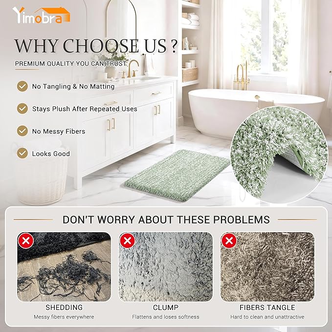 Yimobra Luxury Bathroom Rugs, Fluffy Bath Mats, Non Slip, Water Absorbent Microfiber, Machine Washable, Plush Runner Shower Rugs, Thick Matts for Bathroom Floor&Tub, 60" X 24", Light Green and White