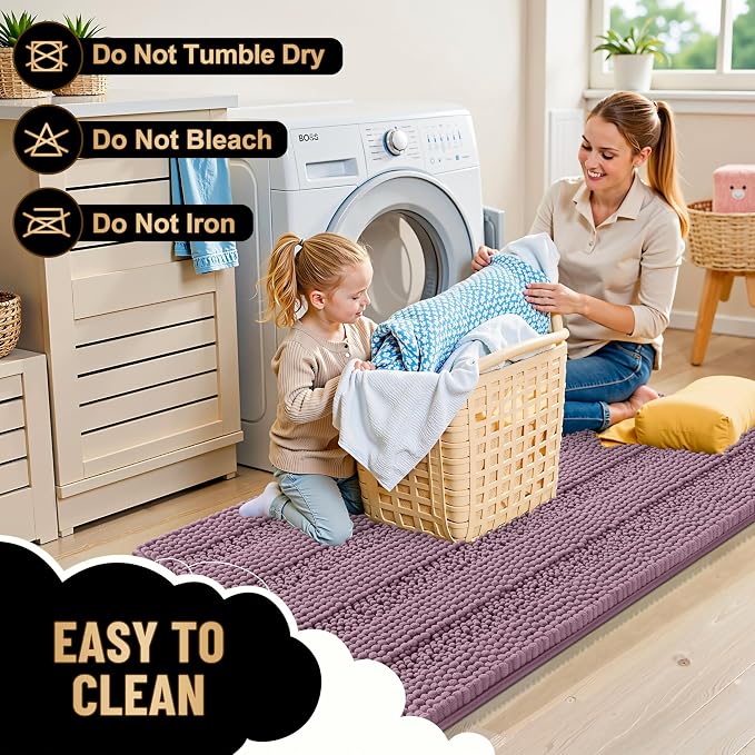 OLANLY Thick Bathroom Runner Rugs 47x24, Extra Absorbent Chenille Striped Bath Rugs, Rubber Backing, Machine Wash Dry, Long Bath Mats for Bathroom, Tub and Shower, Home Decor Accessories, Deep Plum