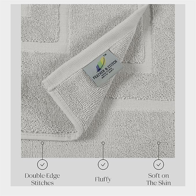 Feather & Stitch 2 Piece Towel Like Bath Mats (30x21 Inch) 100% Cotton Terry Bath Mats, Bathroom Shower Floor Mats [NOT A Bathroom Rug], Soft Absorbent Washable Mats - Sliver