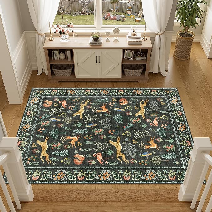 DUKINO 3x5 Rug, Washable Animal Area Rug with Non Slip Vintage Design, Indoor Soft Low Pile Carpet for Bedroom, Nursery, Dining Room, Farmhouse, Playroom, Black