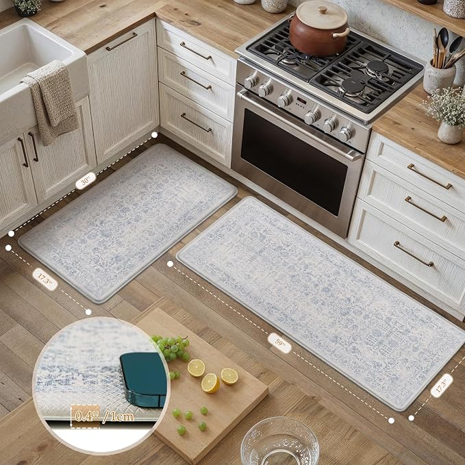 PureCozy Kitchen Mats 2PCS Anti Fatigue Cushioned Mat Light Blue Vintage Kitchen Mats for Floor Waterproof Non Slip Comfort Standing Retro Floral Rug for Sink Laundry Office 17.3"x59"+17.3"x30"