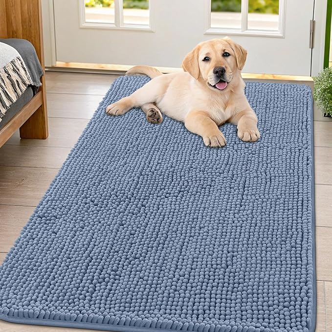 Smiry Dog Door Mat for Muddy Paws 47x32, Absorbent Dirt Trapper, Non-Slip Washable Chenille Entryway Rug for Inside Floor, Airy Blue, Classic Solid