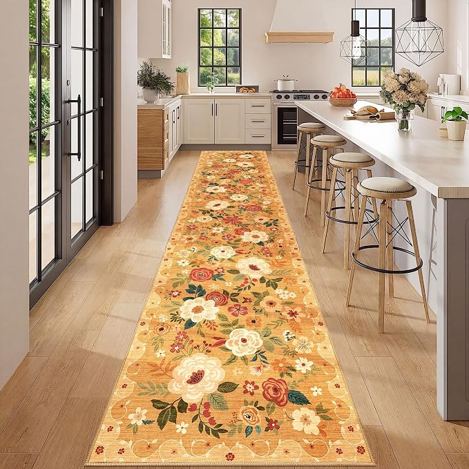 DUKINO 2.6x12 Kitchen Runner Rug, Lightweight Floral Washable Rug for Hallway, Boho Low Pile & Non Slip Backing Soft Floor Carpet for Entryway, Bedroom, Bathroom, Laundry, Orange