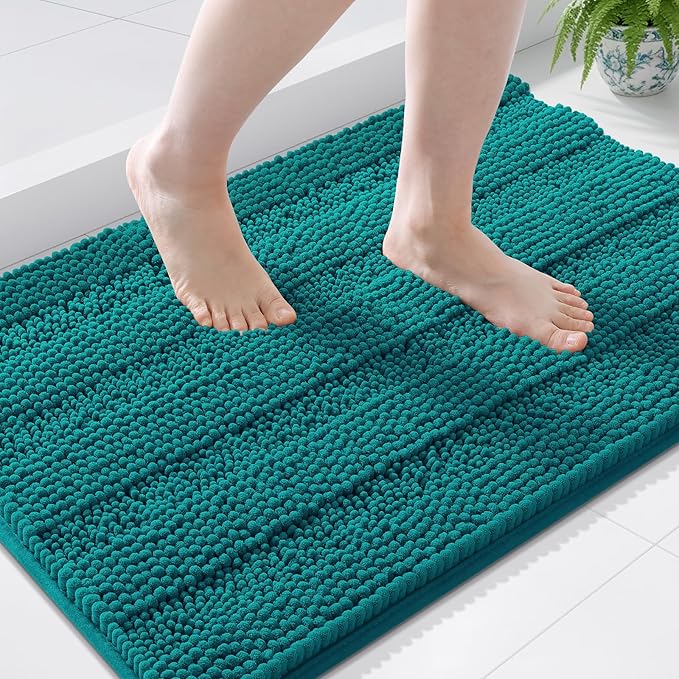 Grandaily Chenille Striped Bathroom Rugs 44x24, Extra Thick and Soft Absorbent Bath Mats, Rubber Backing, Plush Shaggy Shower Carpet, Machine Wash Dry, Bath Rug for Bathroom, Deep Lake